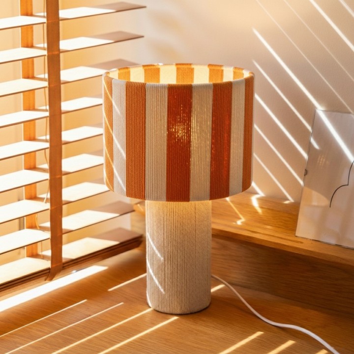 Lampe à poser Moyo en coton rayures blanc et orange Ø28 cm