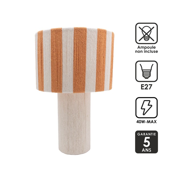 Lampe à poser Moyo en coton rayures blanc et orange Ø28 cm