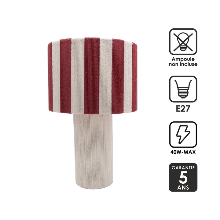 Lampe à poser Moyo en coton rayures blanc et rouge Ø28 cm
