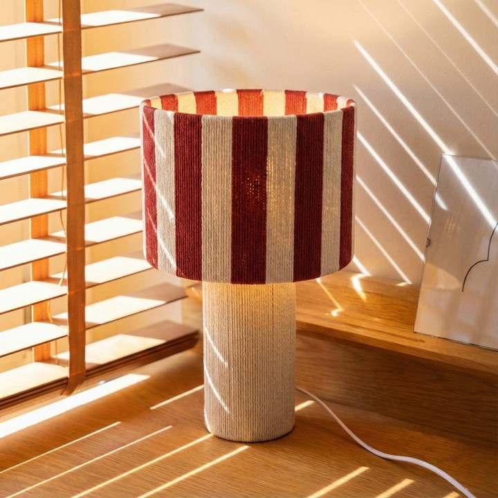 Lampe à poser Moyo en coton rayures blanc et rouge Ø28 cm