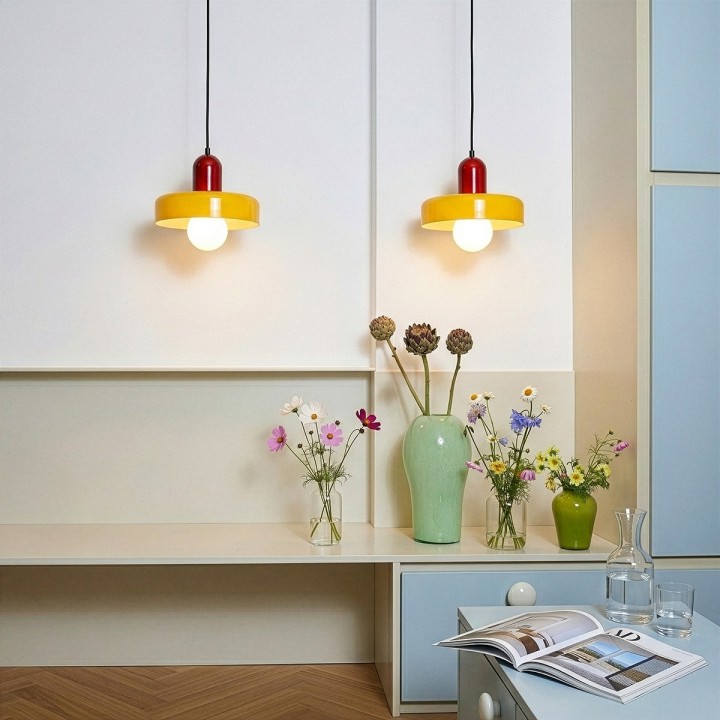 Suspension Yori en verre et métal rouge et jaune Ø25 cm