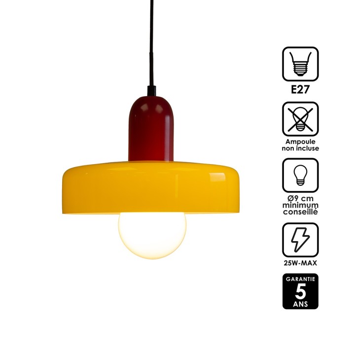 Suspension Yori en verre et métal rouge et jaune Ø25 cm