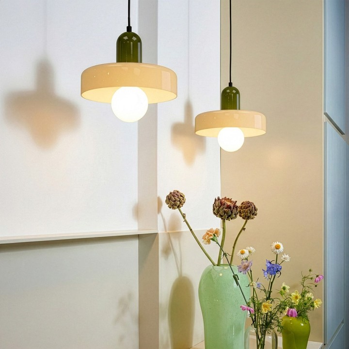 Suspension Yori en verre et métal vert et blanc Ø25 cm