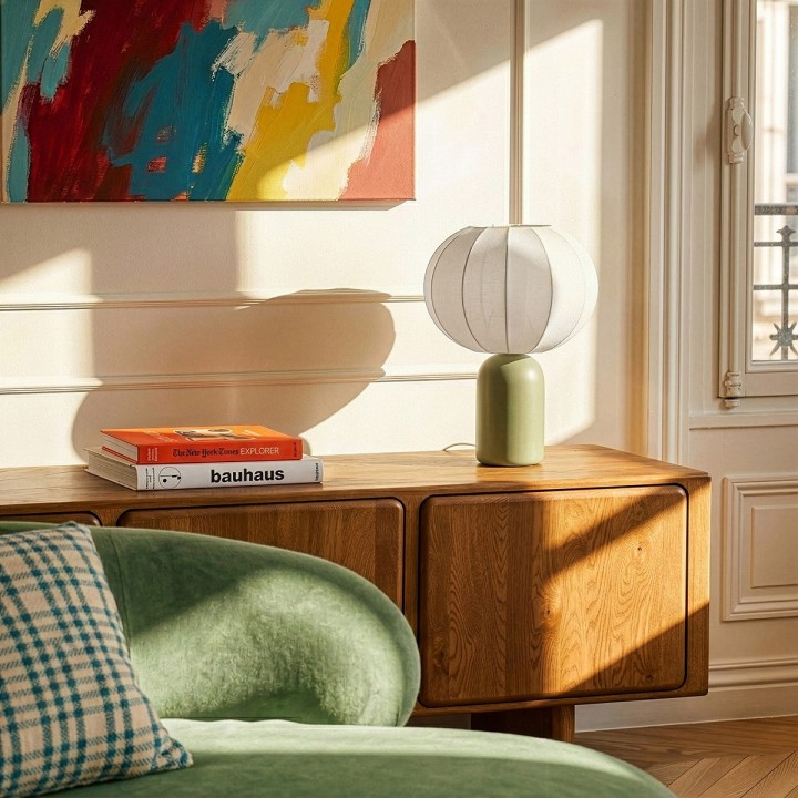 Lampe à poser Requi en céramique vert et tissu Ø25 cm