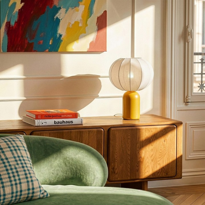 Lampe à poser Requi en céramique jaune et tissu Ø25 cm