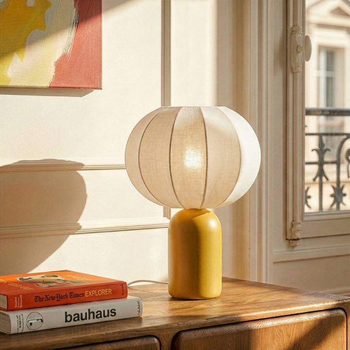 Lampe à poser Requi en céramique jaune et tissu Ø25 cm